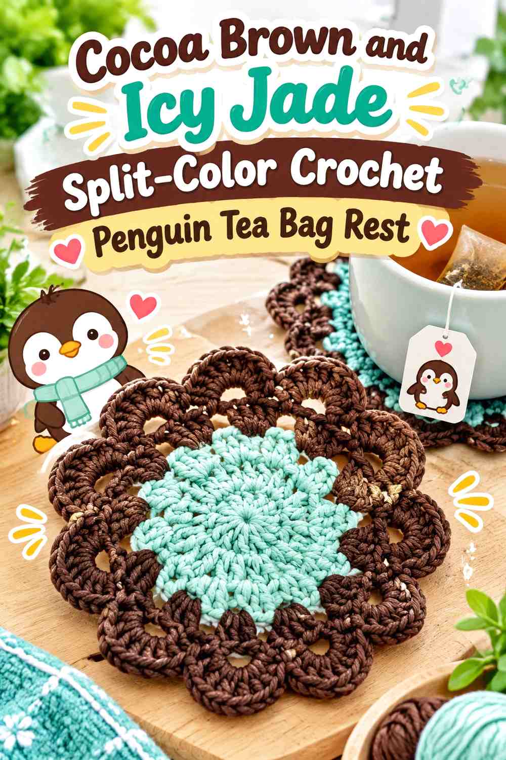 Cocoa Brown and Icy Jade Split-Color Crochet Penguin Tea Bag Rest