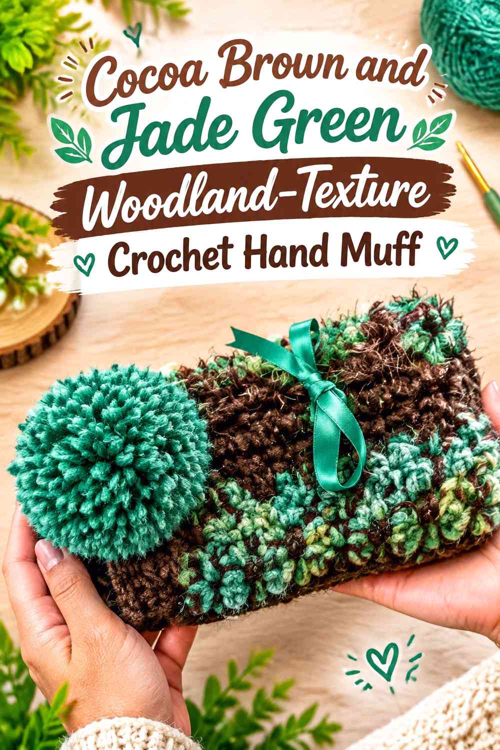 Cocoa Brown and Jade Green Woodland-Texture Crochet Hand Muff