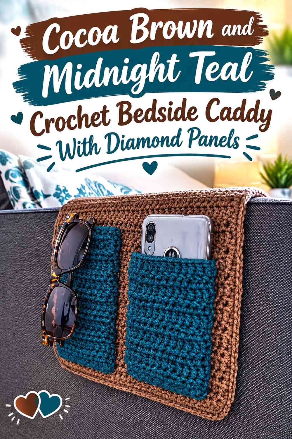 Cocoa Brown and Midnight Teal Crochet Bedside Caddy With Diamond Panels