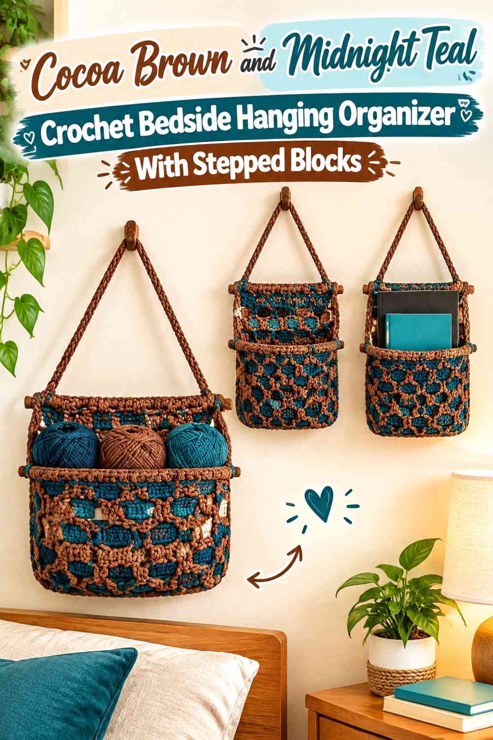 Cocoa Brown and Midnight Teal Crochet Bedside Hanging Organizer With Stepped Blocks