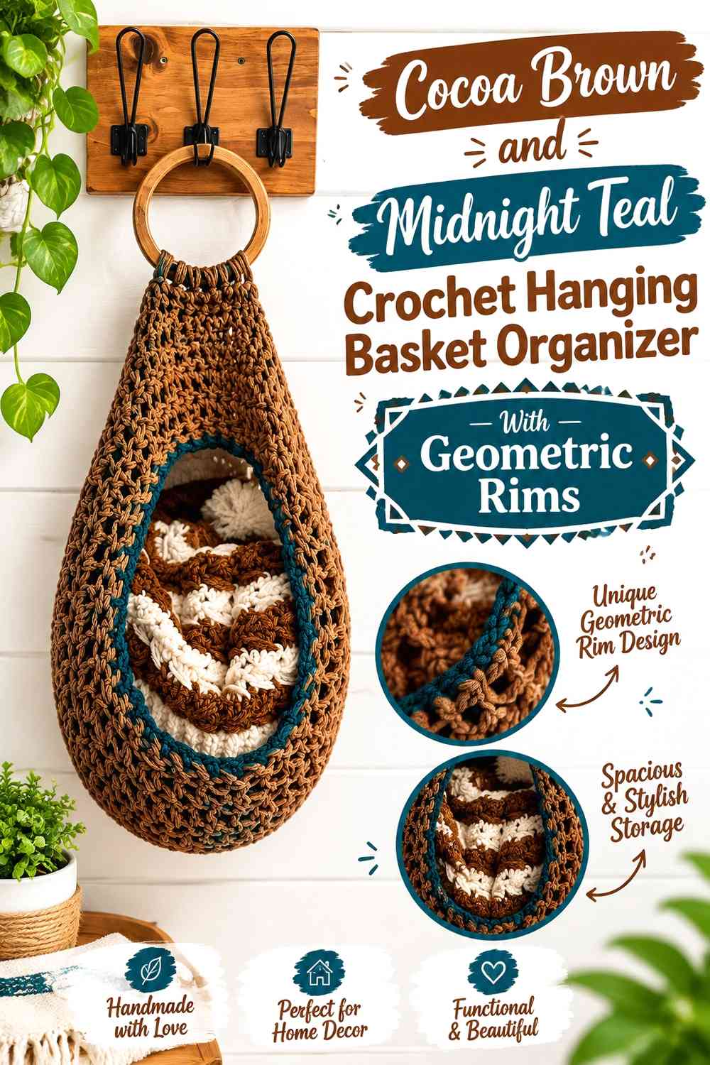 Cocoa Brown and Midnight Teal Crochet Hanging Basket Organizer With Geometric Rims