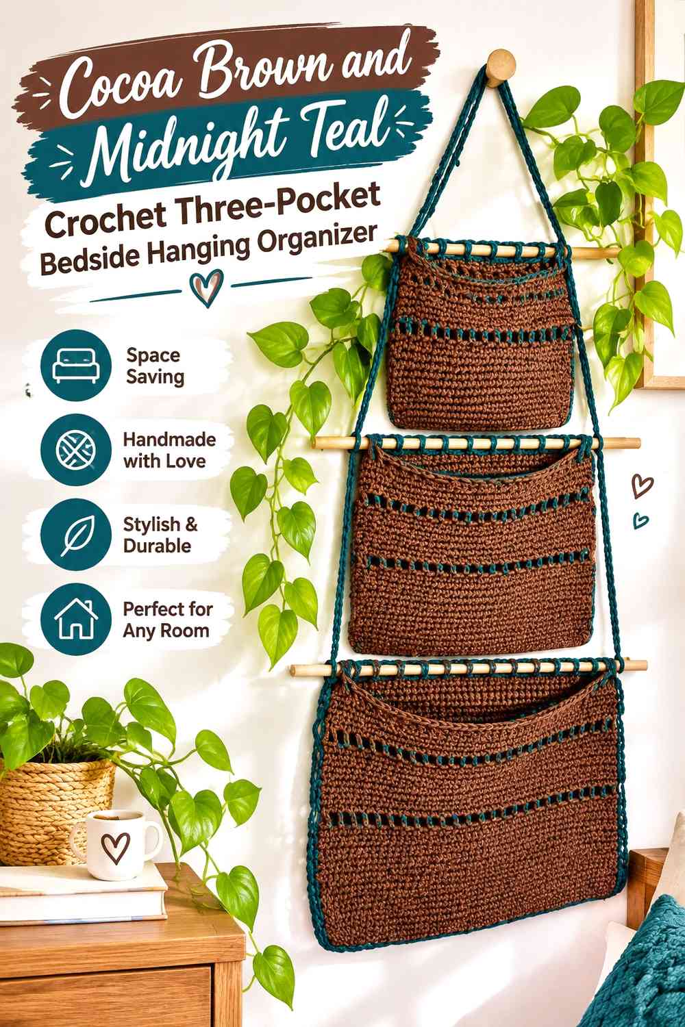 Cocoa Brown and Midnight Teal Crochet Three-Pocket Bedside Hanging Organizer