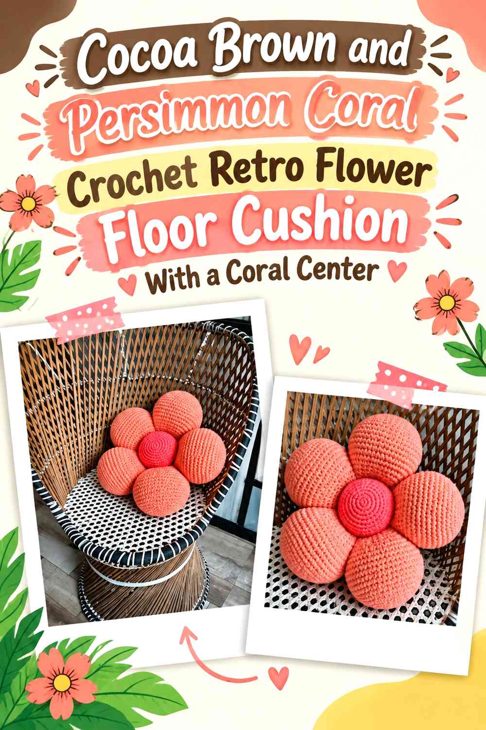 Cocoa Brown and Persimmon Coral Crochet Retro Flower Floor Cushion With a Coral Center