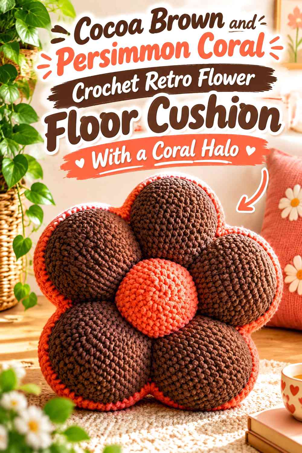 Cocoa Brown and Persimmon Coral Crochet Retro Flower Floor Cushion With a Coral Halo