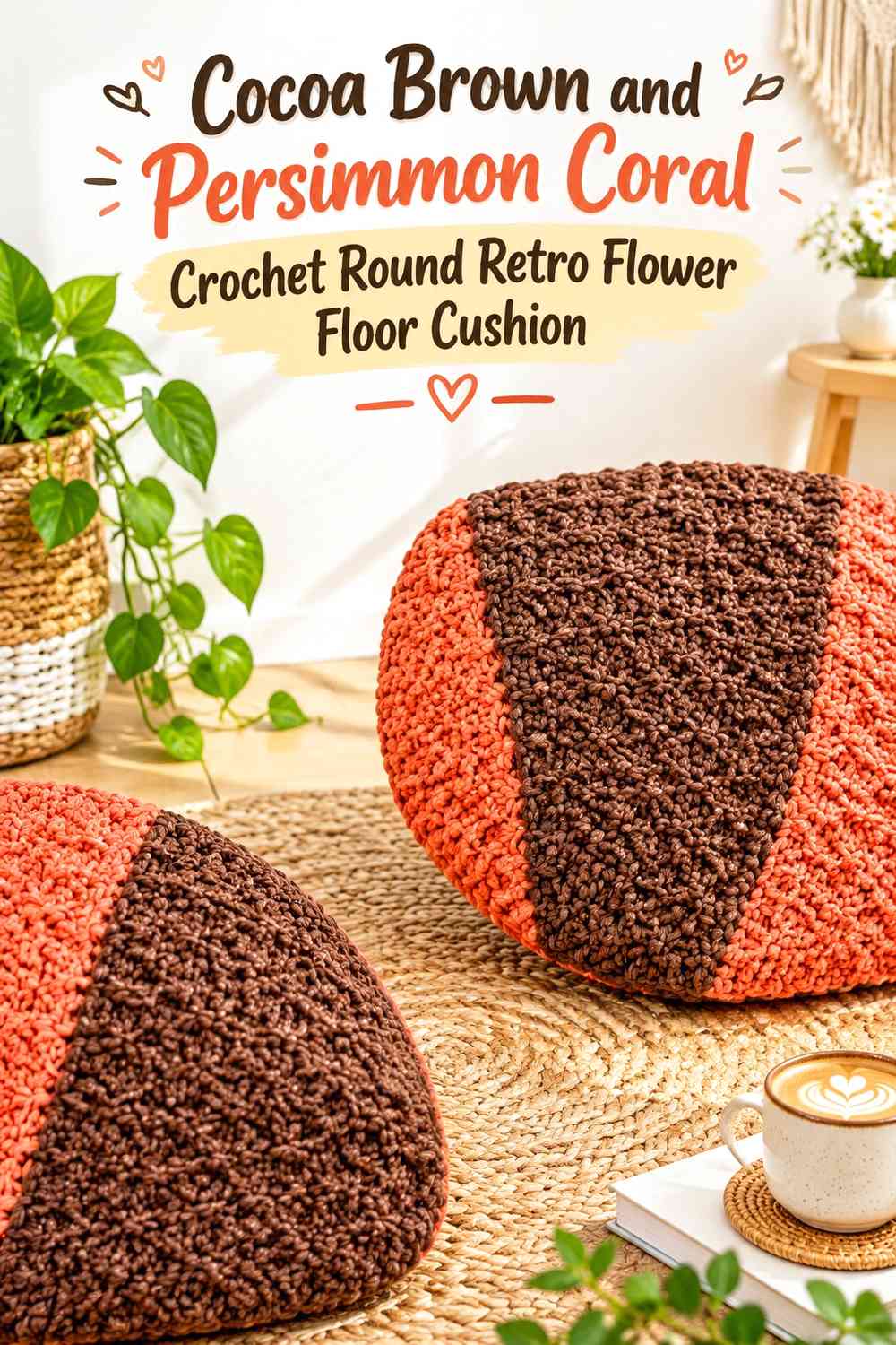 Cocoa Brown and Persimmon Coral Crochet Round Retro Flower Floor Cushion
