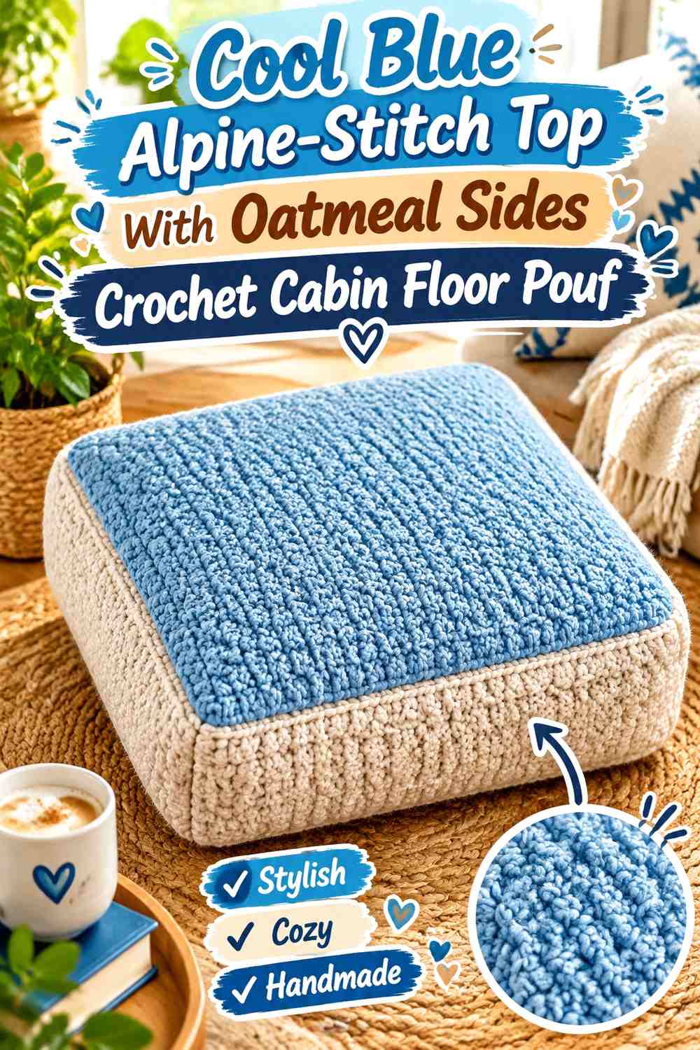 Cool Blue Alpine-Stitch Top With Oatmeal Sides Crochet Cabin Floor Pouf