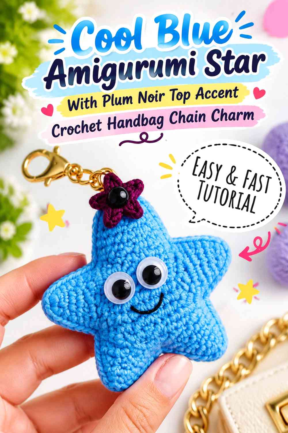 Cool Blue Amigurumi Star With Plum Noir Top Accent Crochet Handbag Chain Charm