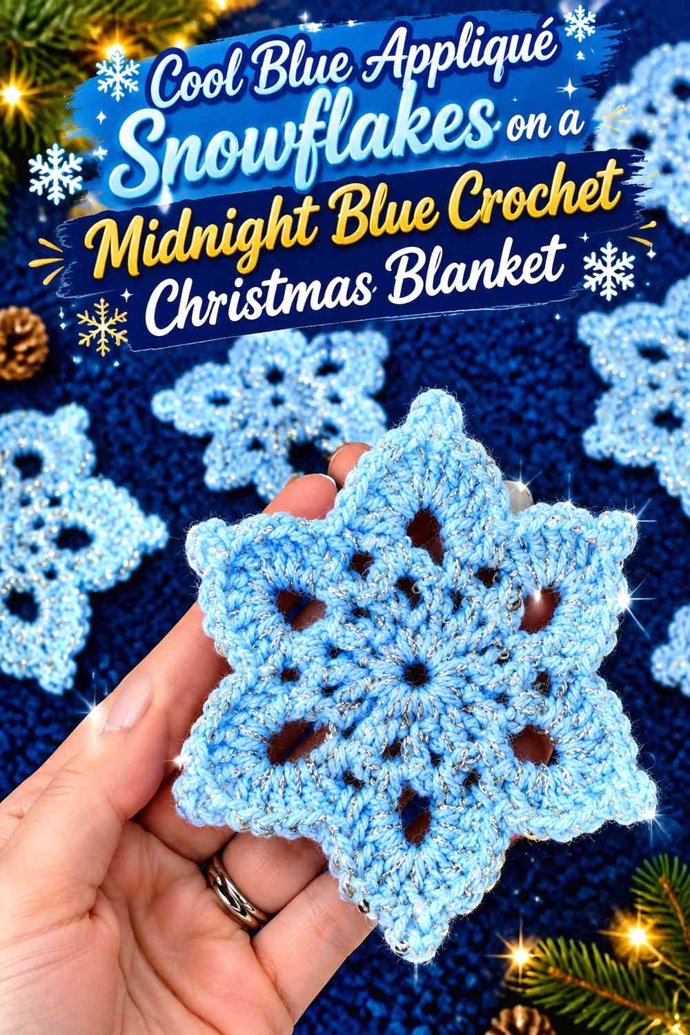 Cool Blue Appliqué Snowflakes on a Midnight Blue Crochet Christmas Blanket