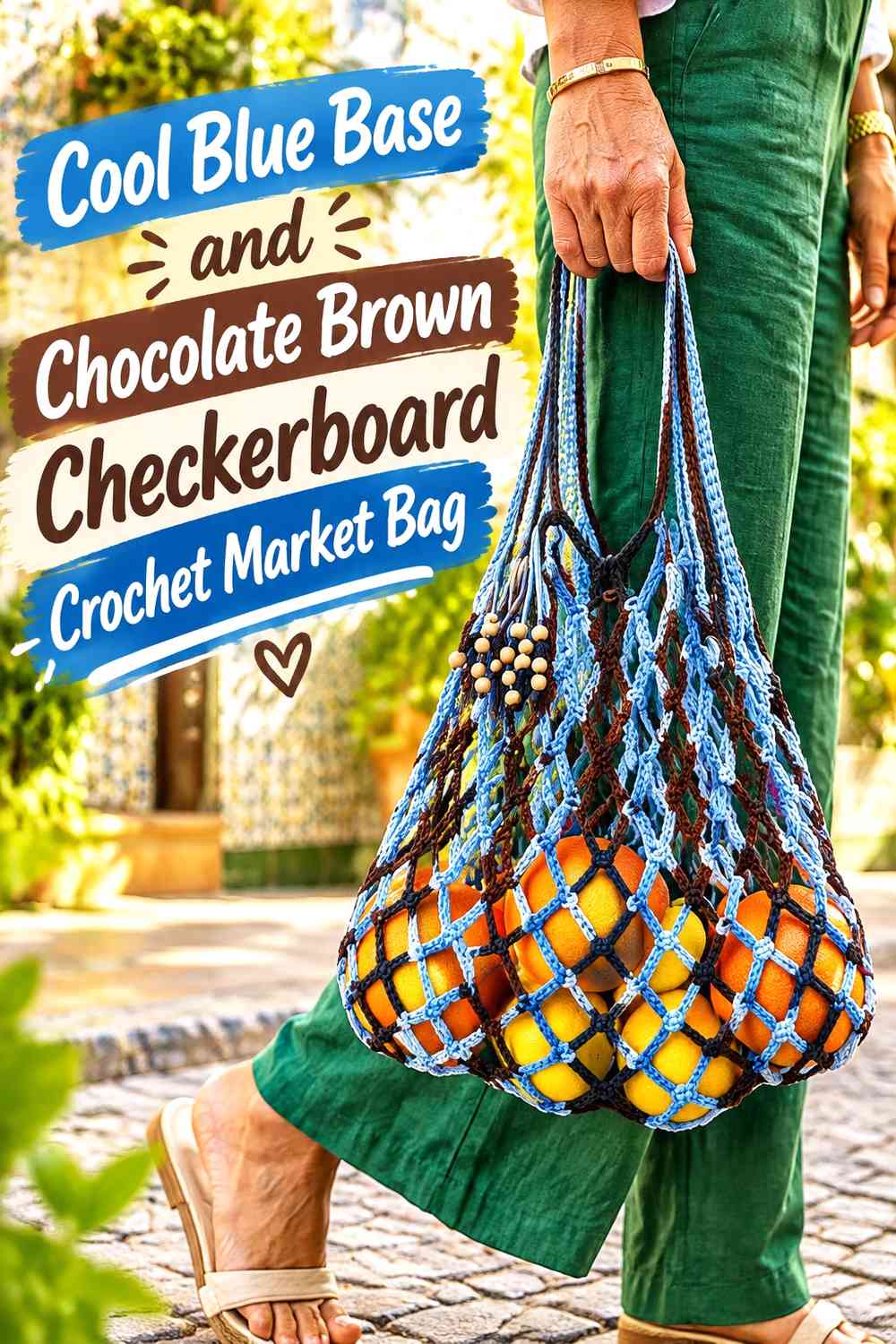 Cool Blue Base and Chocolate Brown Checkerboard Crochet Market Bag