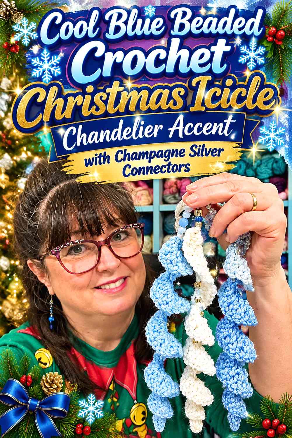 Cool Blue Beaded Crochet Christmas Icicle Chandelier Accent with Champagne Silver Connectors