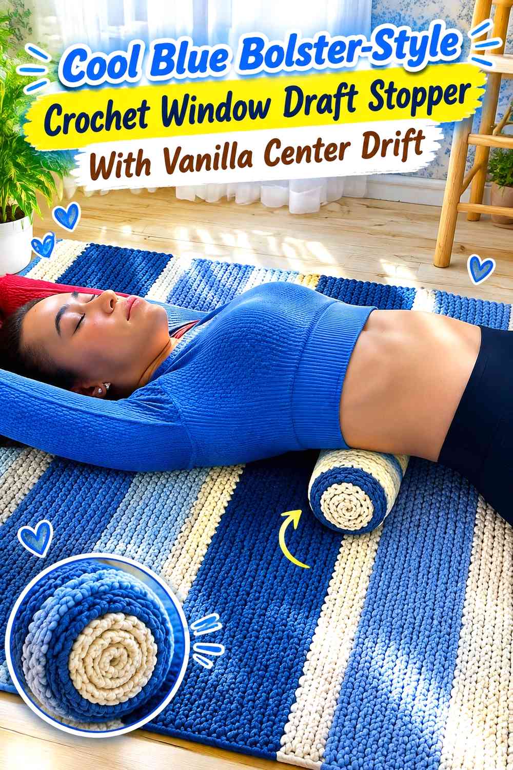 Cool Blue Bolster-Style Crochet Window Draft Stopper With Vanilla Center Drift