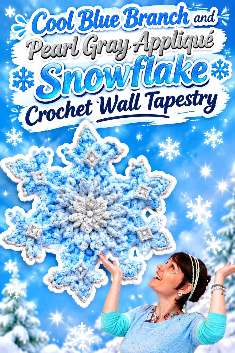 Cool Blue Branch and Pearl Gray Appliqué Snowflake Crochet Wall Tapestry
