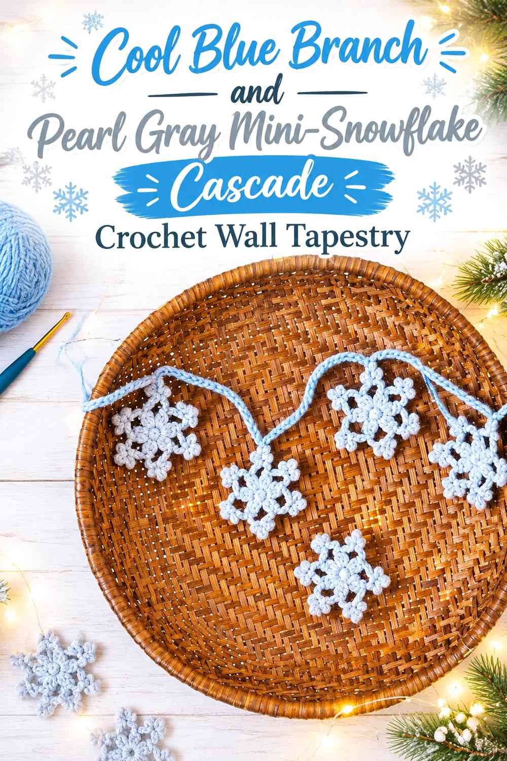 Cool Blue Branch and Pearl Gray Mini-Snowflake Cascade Crochet Wall Tapestry