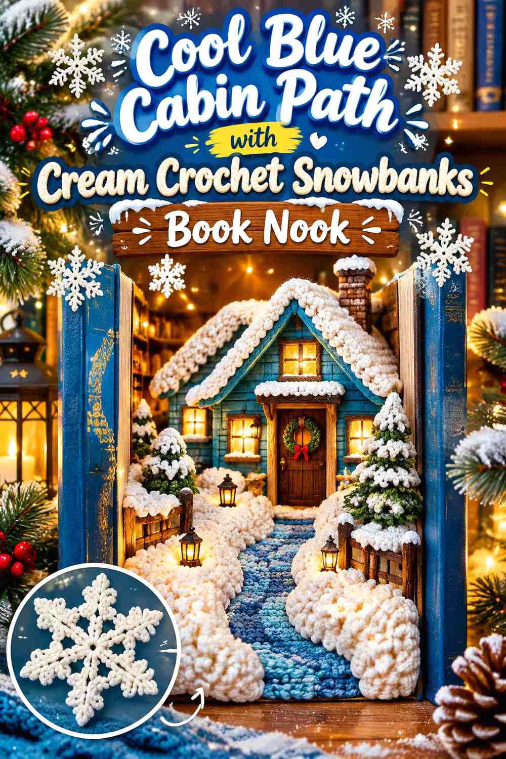 Cool Blue Cabin Path with Cream Crochet Snowbanks Book Nook
