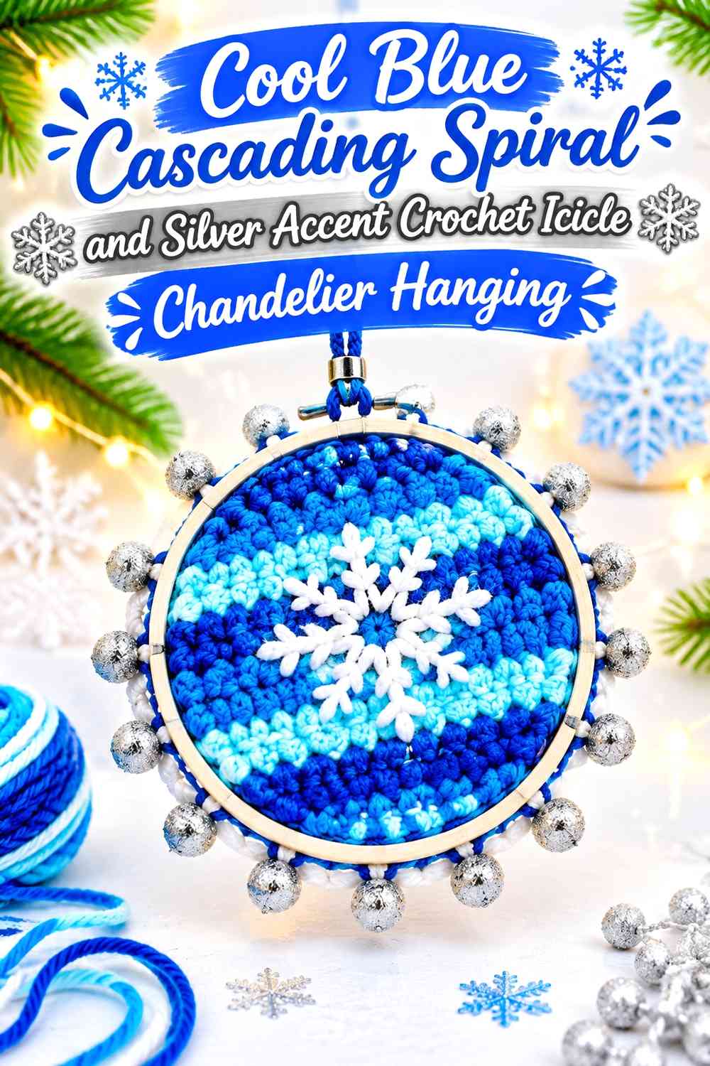 Cool Blue Cascading Spiral and Silver Accent Crochet Icicle Chandelier Hanging