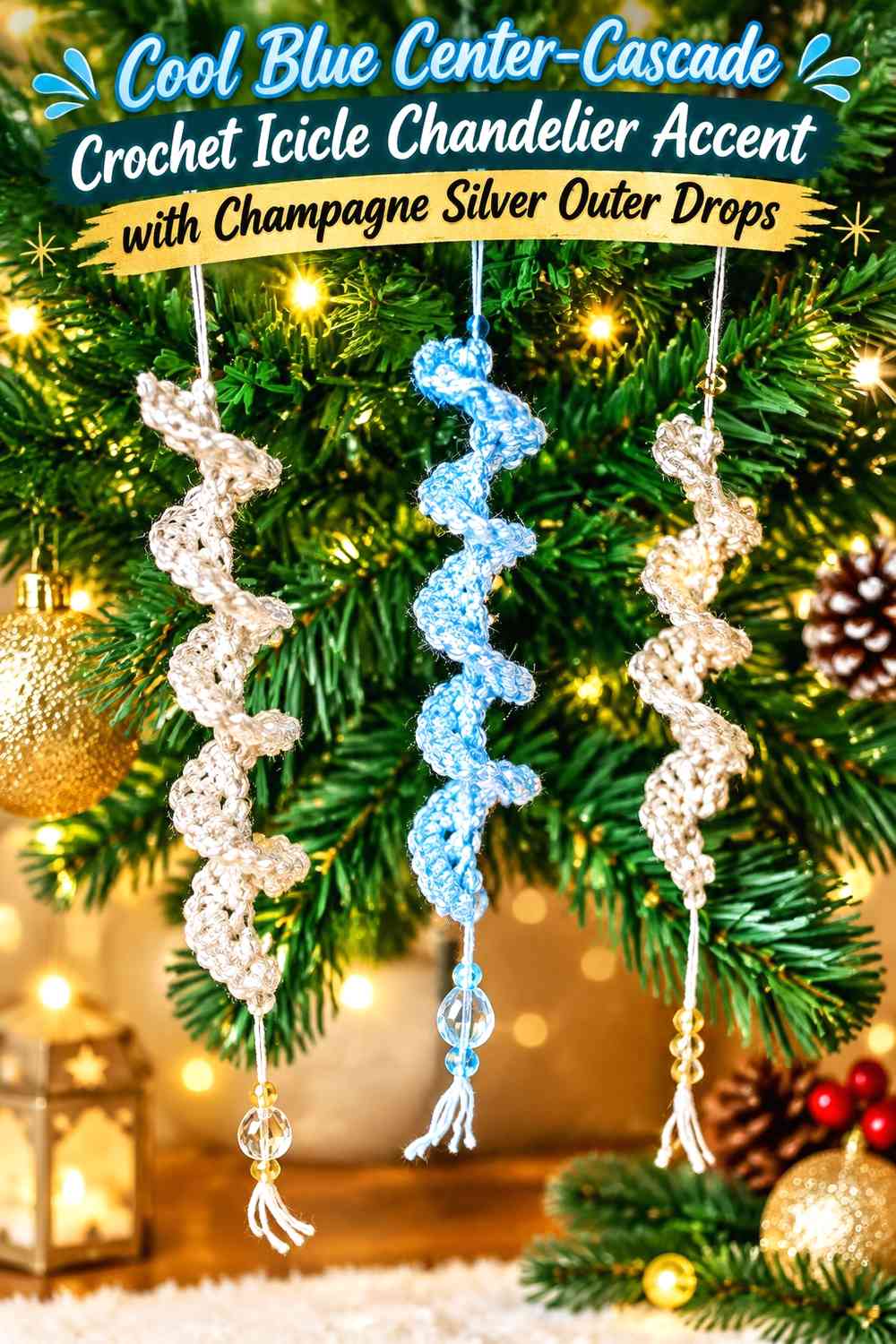 Cool Blue Center-Cascade Crochet Icicle Chandelier Accent with Champagne Silver Outer Drops
