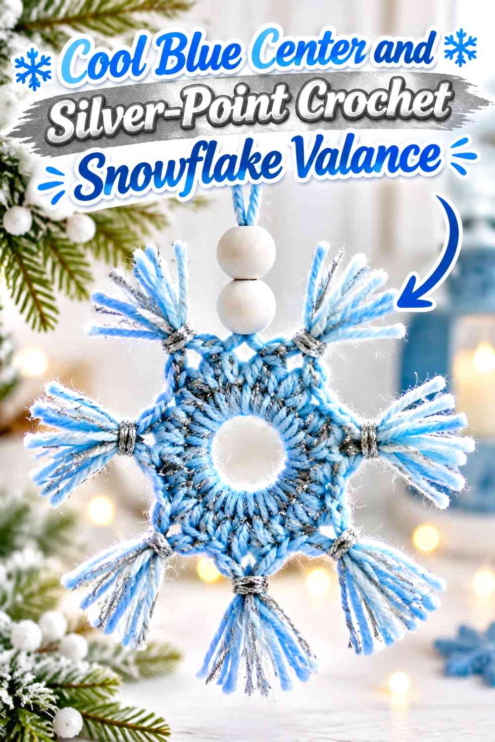 Cool Blue Center and Silver-Point Crochet Snowflake Valance