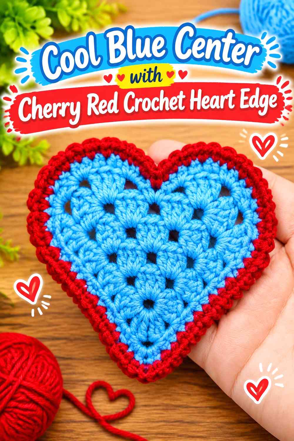 Cool Blue Center with Cherry Red Crochet Heart Edge