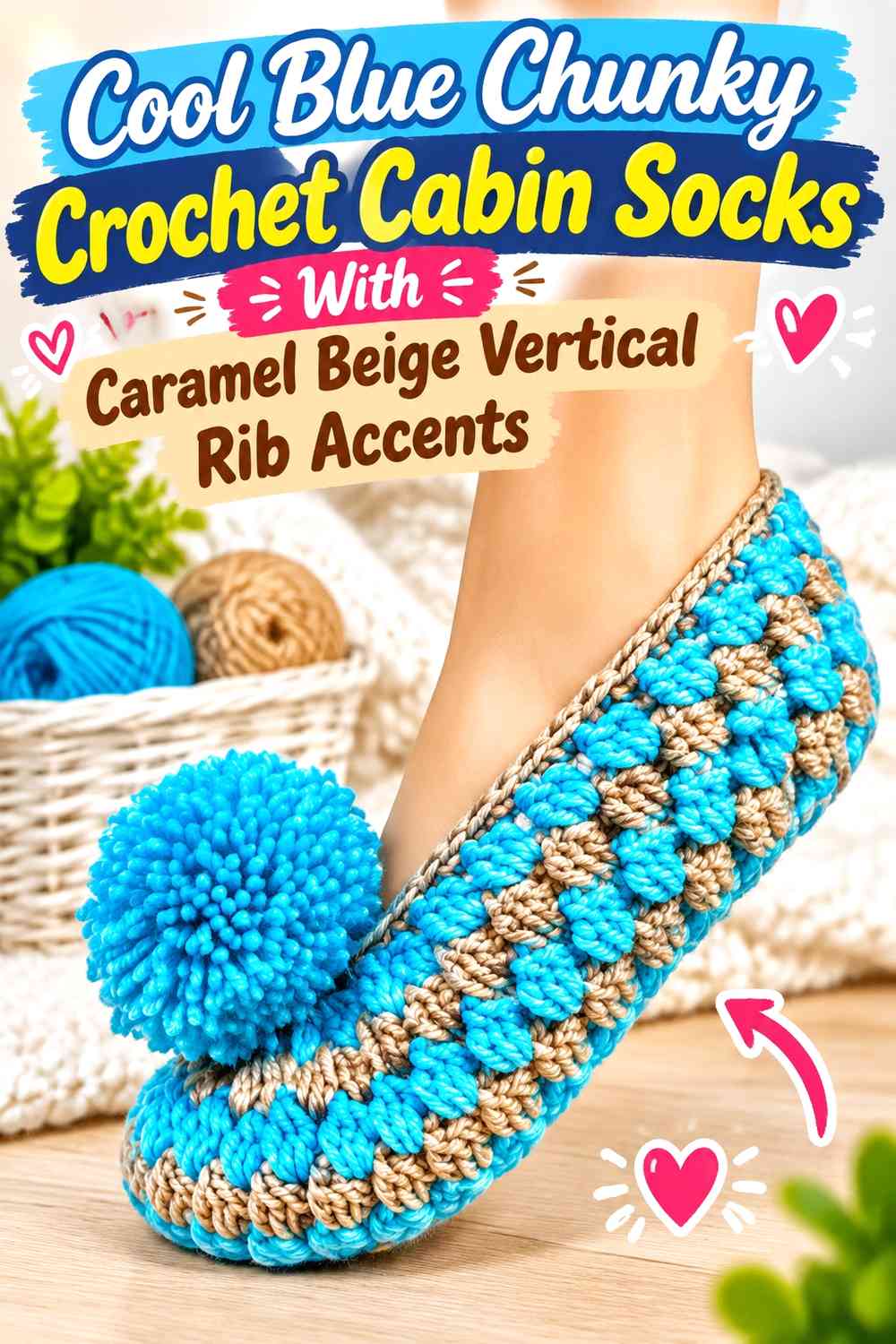 Cool Blue Chunky Crochet Cabin Socks With Caramel Beige Vertical Rib Accents