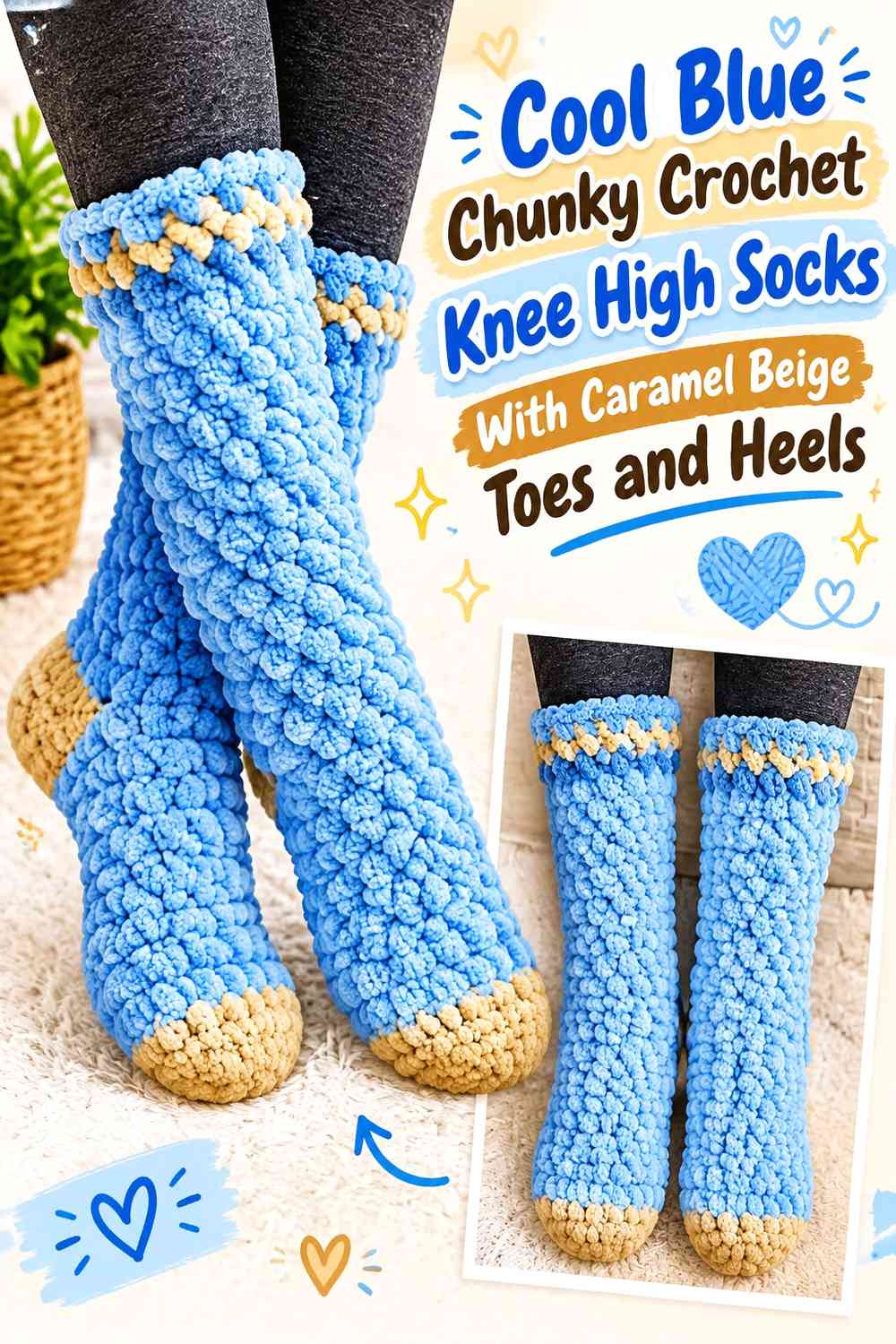 Cool Blue Chunky Crochet Knee High Socks With Caramel Beige Toes and Heels