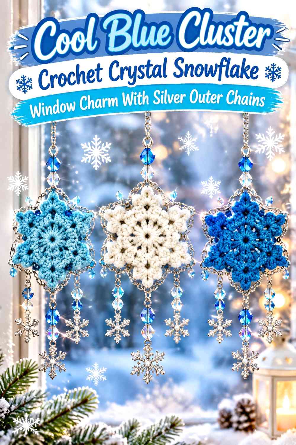 Cool Blue Cluster Crochet Crystal Snowflake Window Charm With Silver Outer Chains