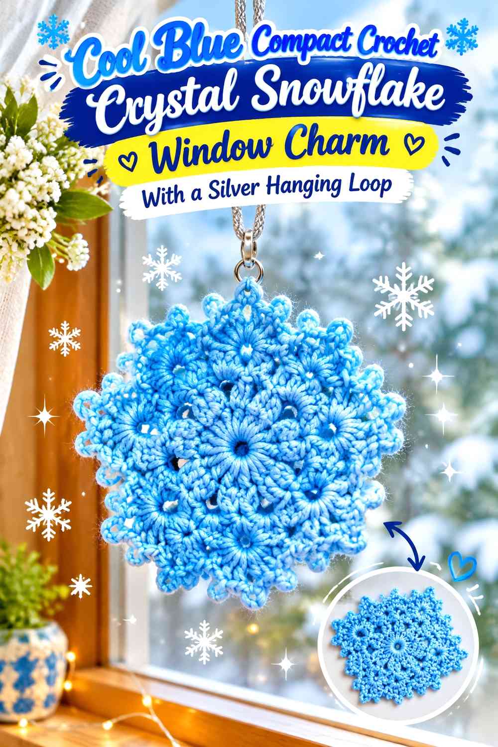 Cool Blue Compact Crochet Crystal Snowflake Window Charm With a Silver Hanging Loop