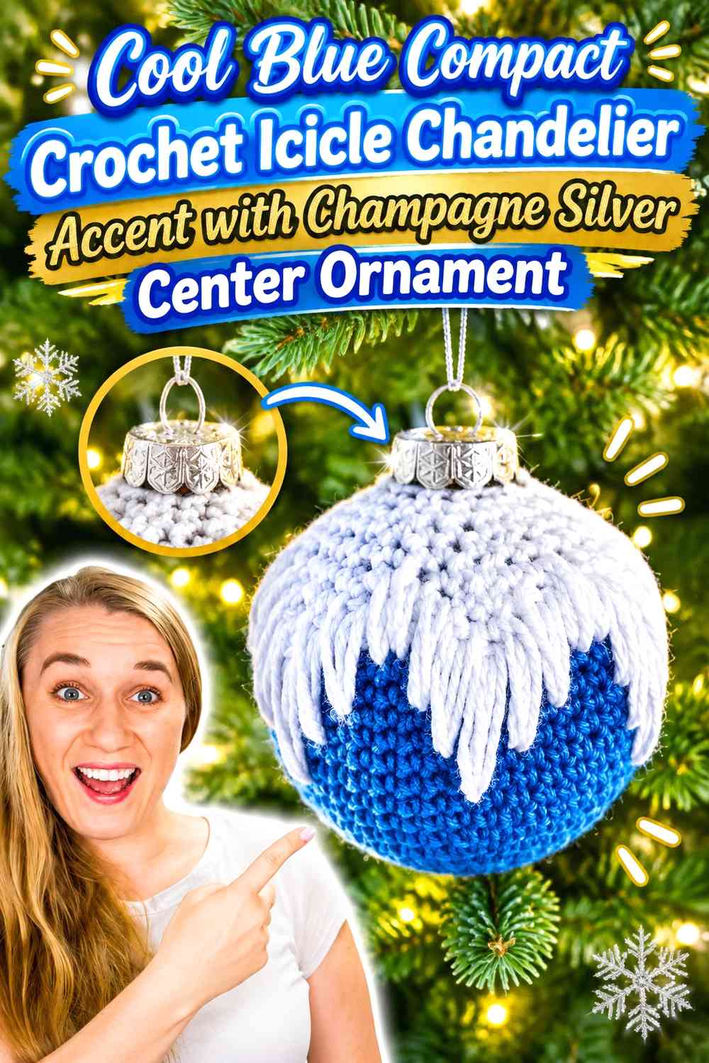 Cool Blue Compact Crochet Icicle Chandelier Accent with Champagne Silver Center Ornament