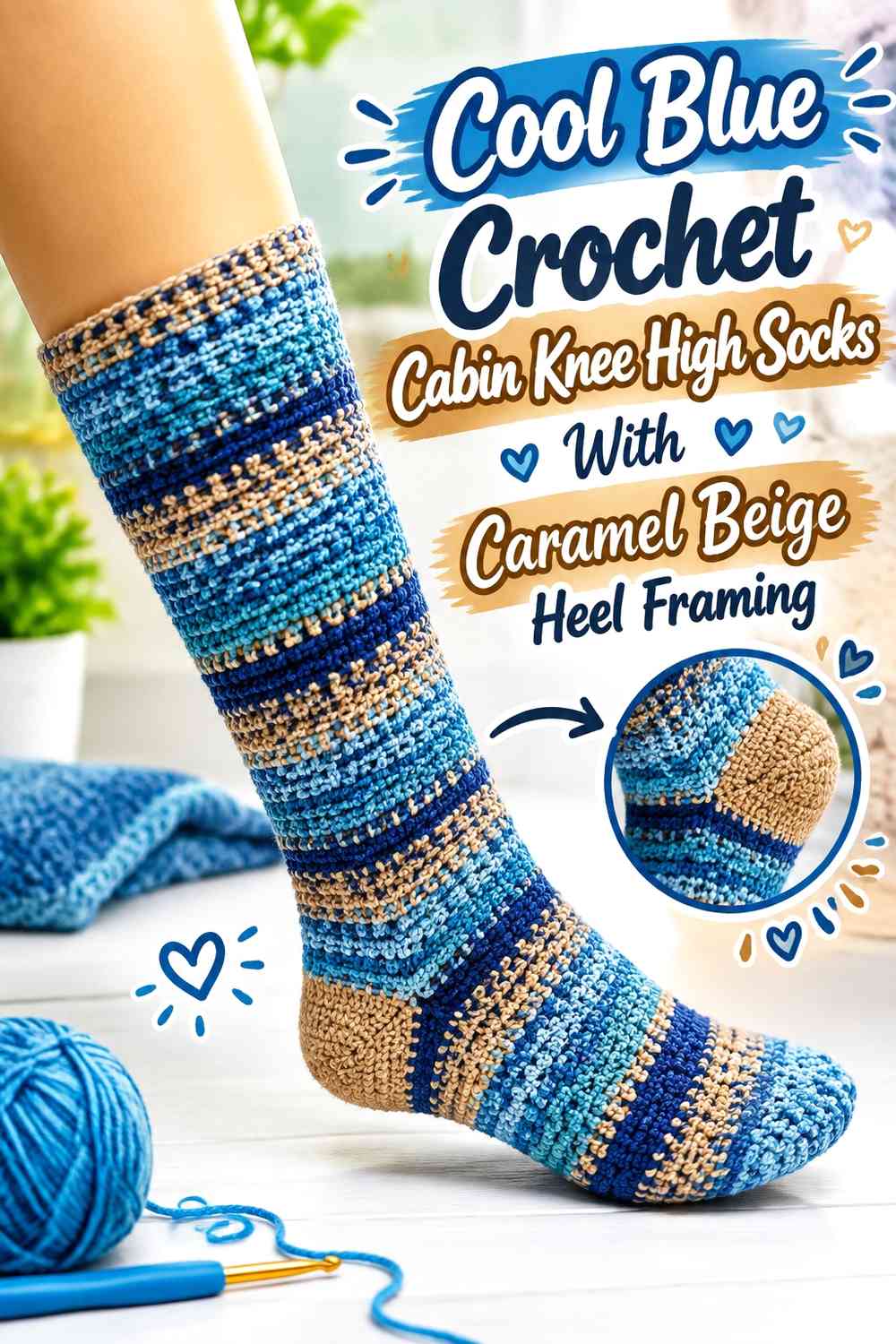 Cool Blue Crochet Cabin Knee High Socks With Caramel Beige Heel Framing