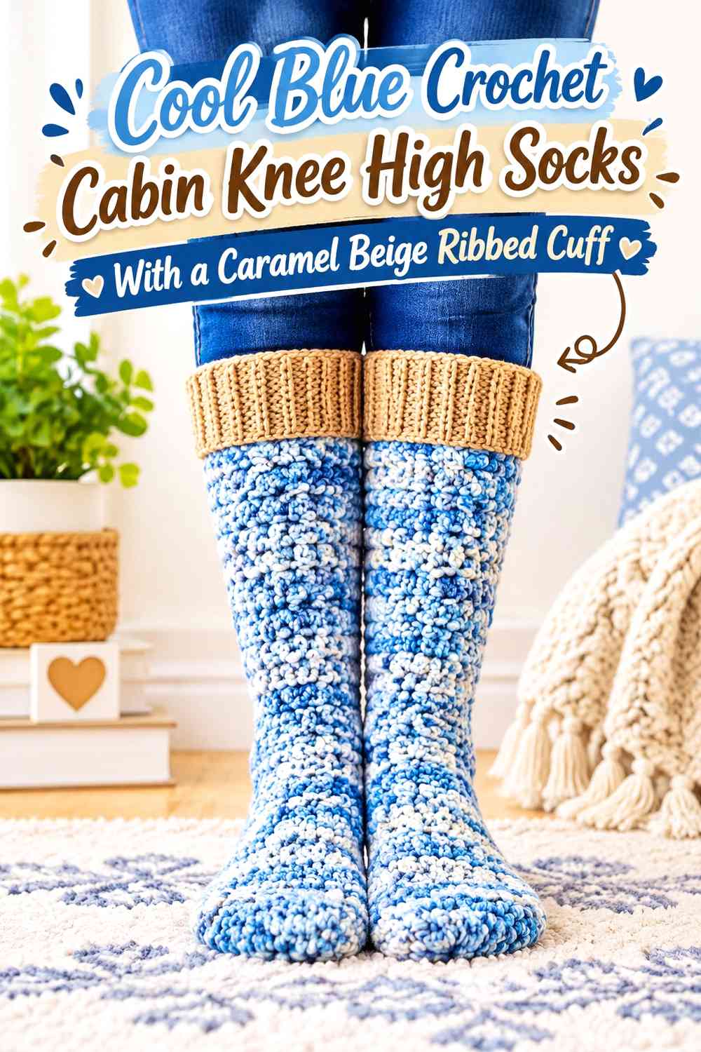 Cool Blue Crochet Cabin Knee High Socks With a Caramel Beige Ribbed Cuff