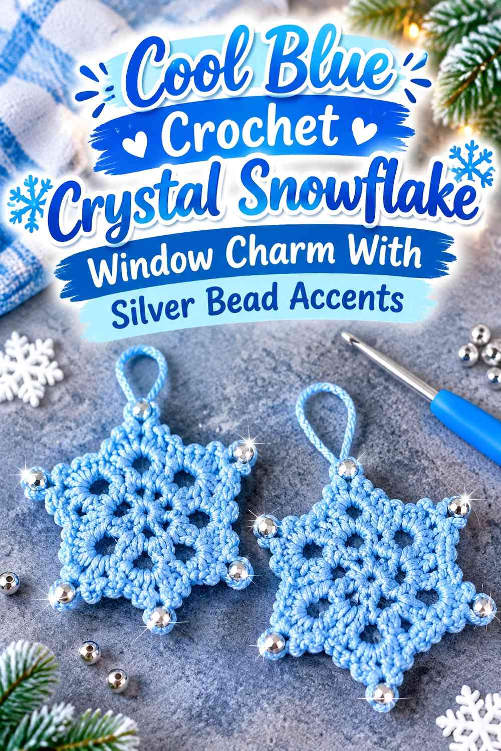 Cool Blue Crochet Crystal Snowflake Window Charm With Silver Bead Accents