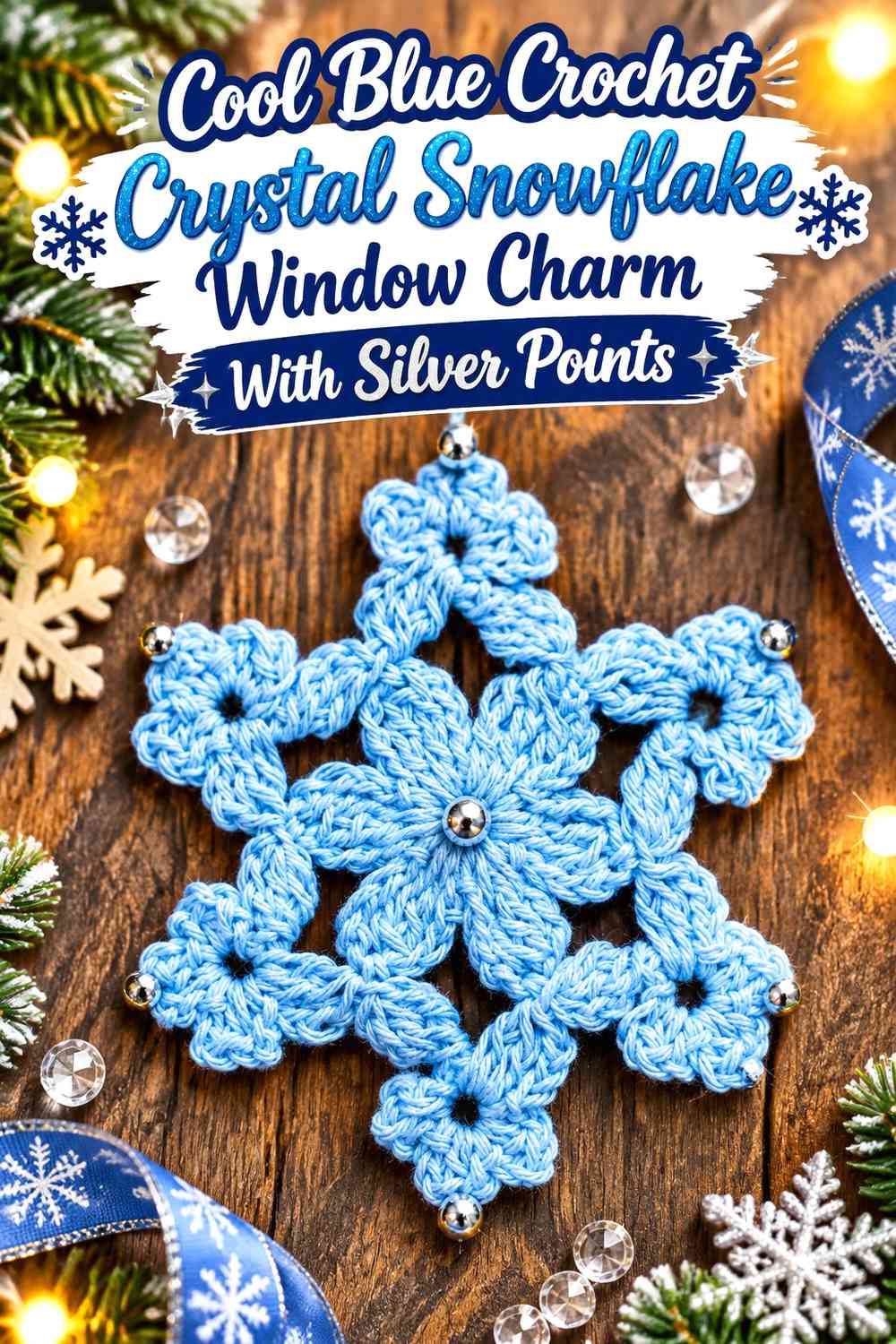 Cool Blue Crochet Crystal Snowflake Window Charm With Silver Points