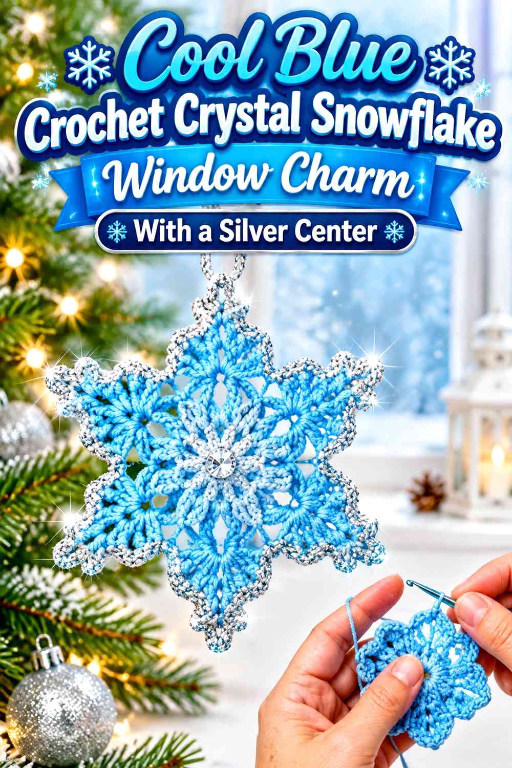 Cool Blue Crochet Crystal Snowflake Window Charm With a Silver Center