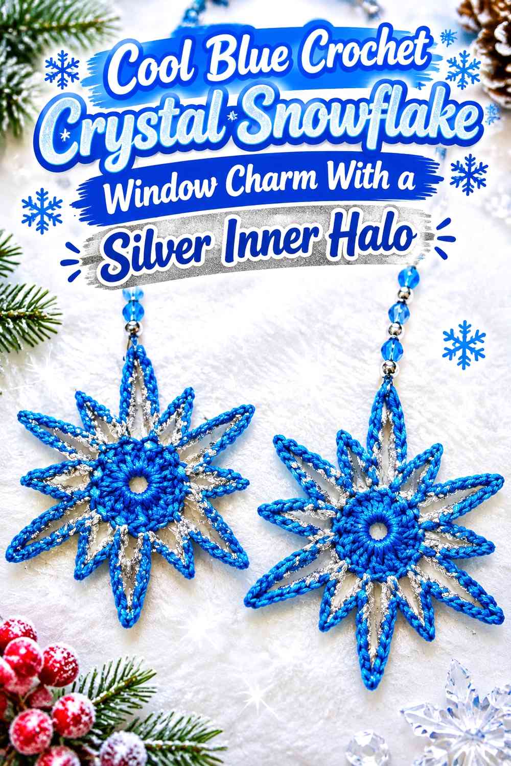 Cool Blue Crochet Crystal Snowflake Window Charm With a Silver Inner Halo