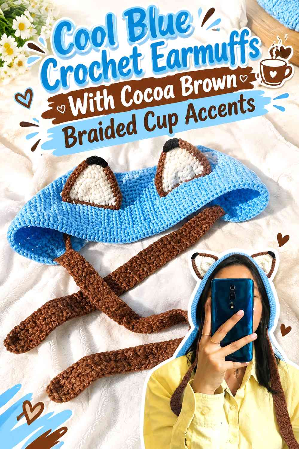 Cool Blue Crochet Earmuffs With Cocoa Brown Braided Cup Accents