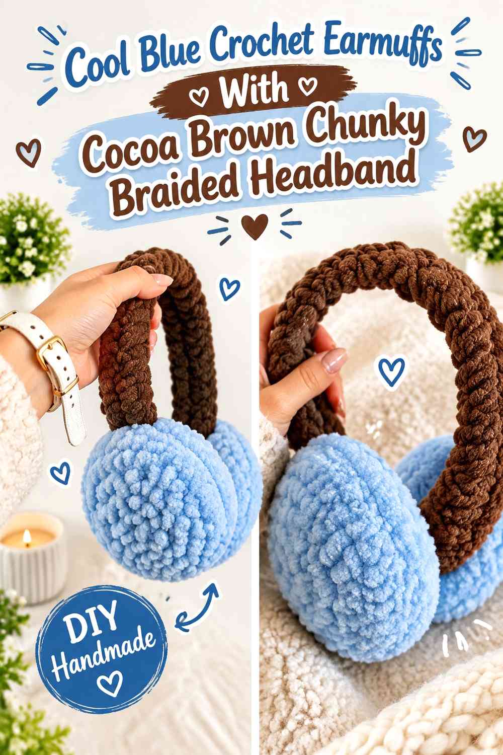 Cool Blue Crochet Earmuffs With Cocoa Brown Chunky Braided Headband