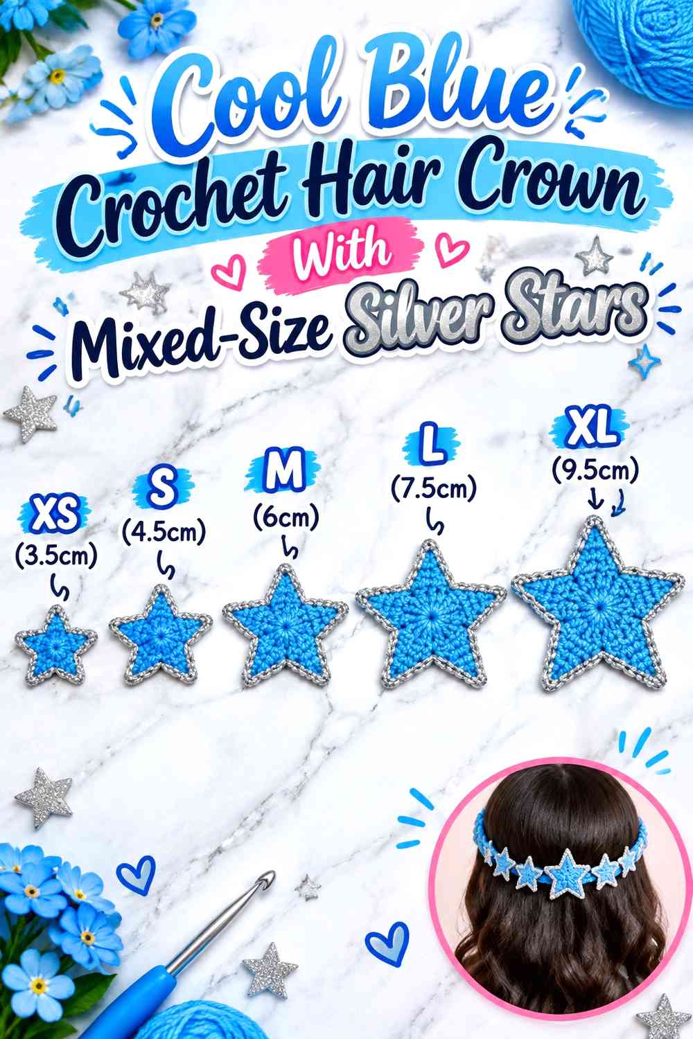 Cool Blue Crochet Hair Crown With Mixed-Size Silver Stars