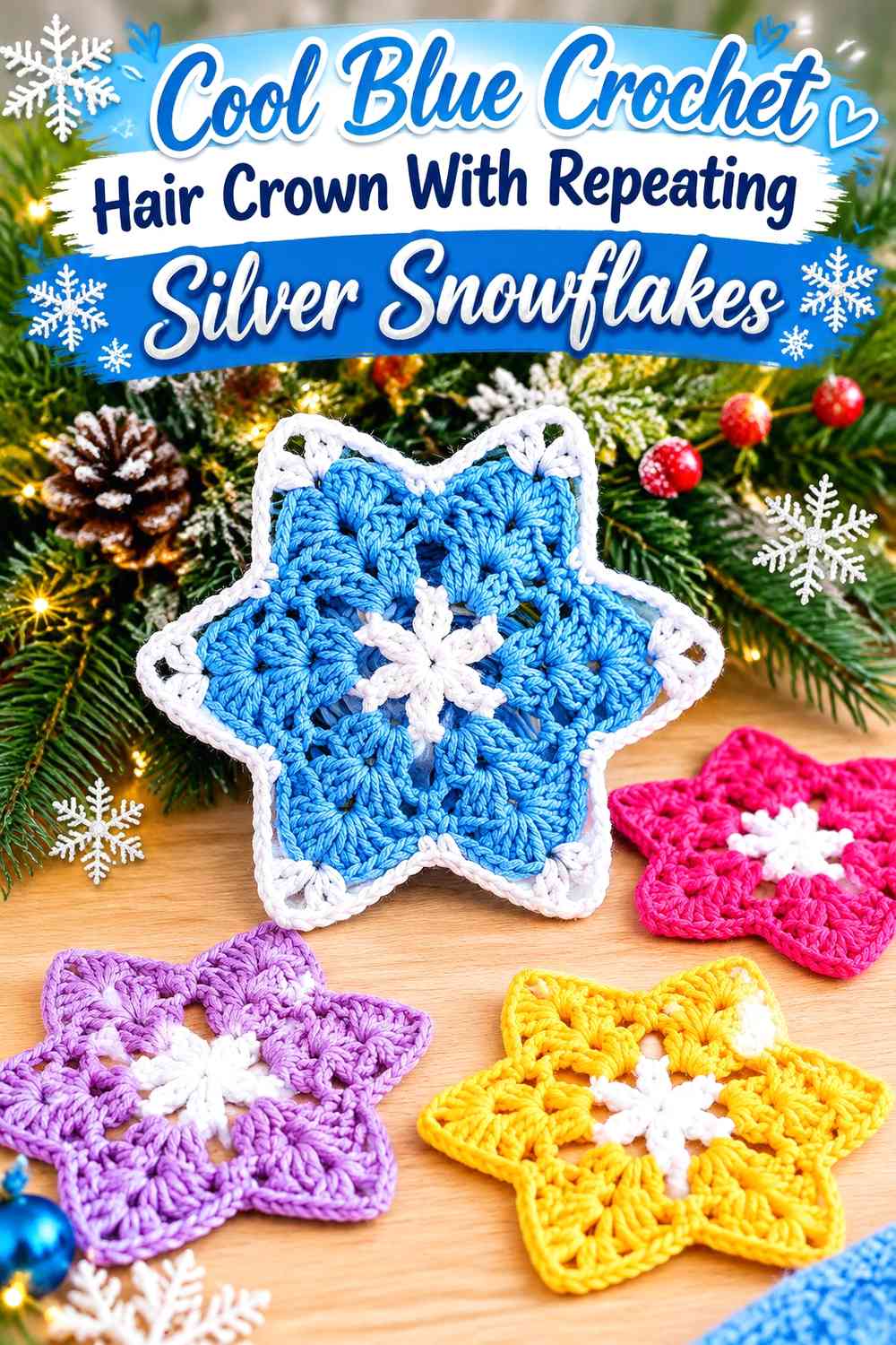 Cool Blue Crochet Hair Crown With Repeating Silver Snowflakes