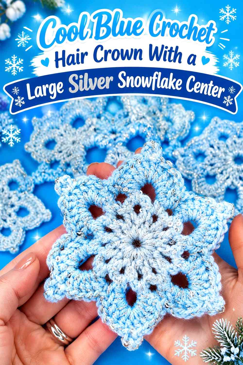 Cool Blue Crochet Hair Crown With a Large Silver Snowflake Center