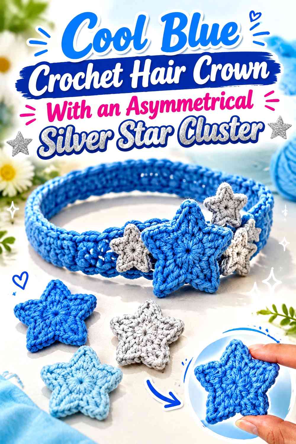 Cool Blue Crochet Hair Crown With an Asymmetrical Silver Star Cluster