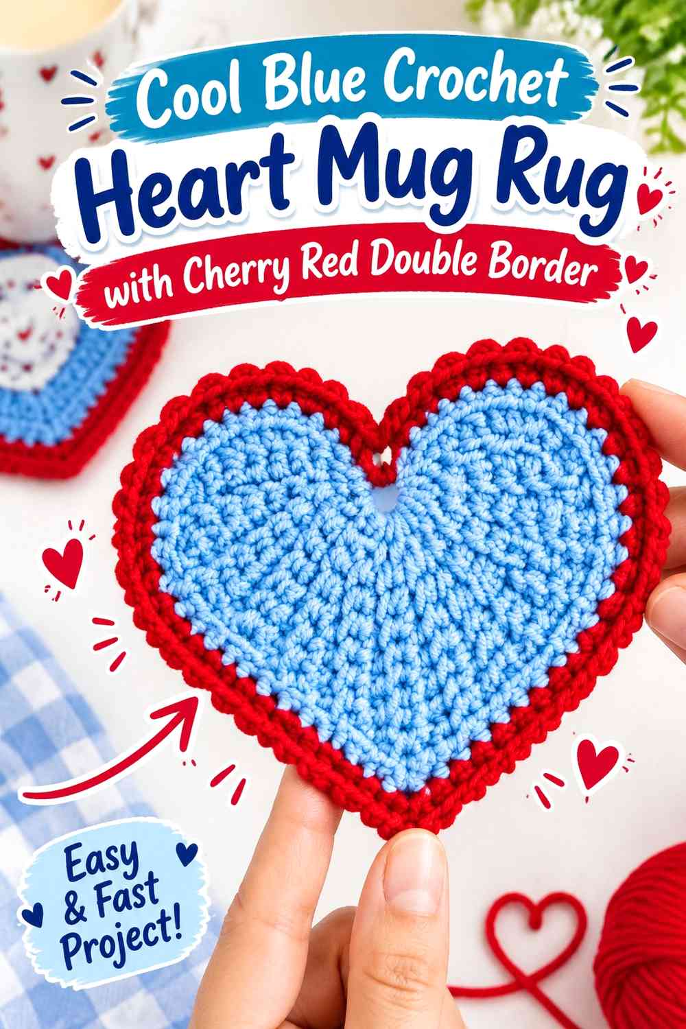 Cool Blue Crochet Heart Mug Rug with Cherry Red Double Border