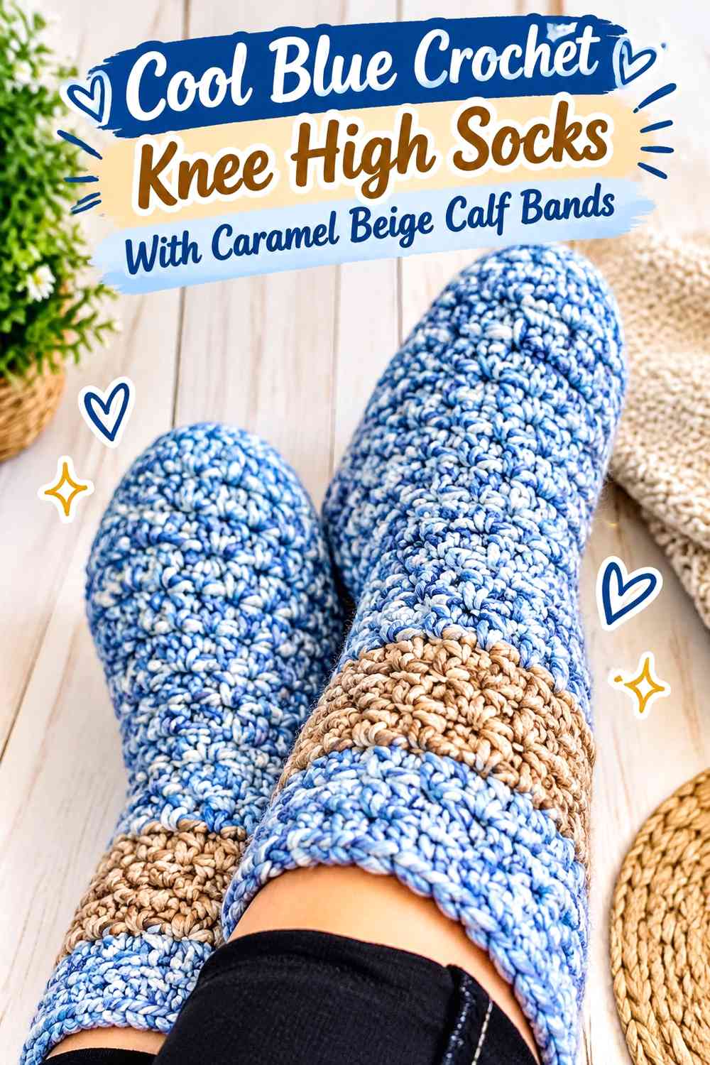 Cool Blue Crochet Knee High Socks With Caramel Beige Calf Bands