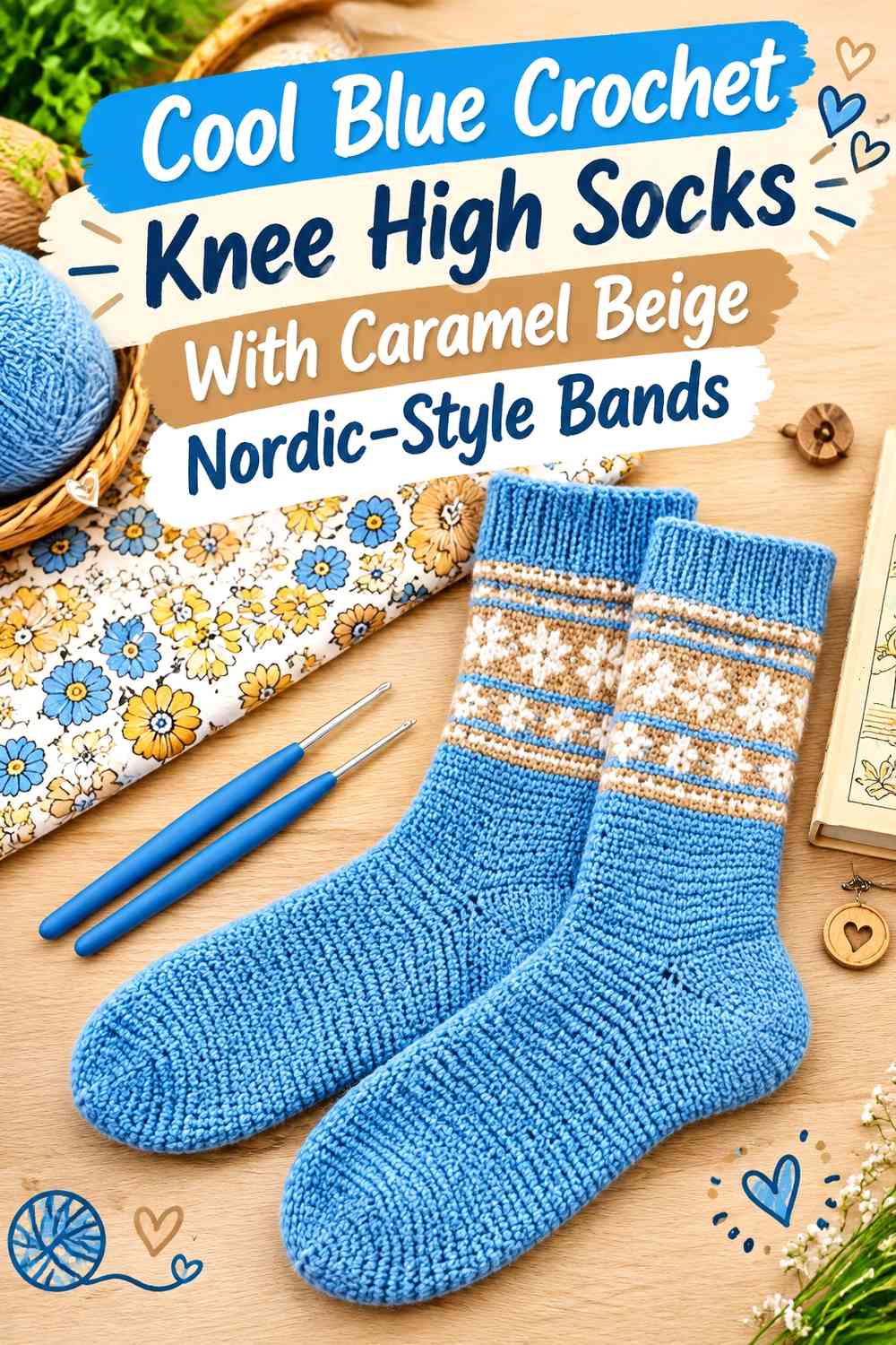 Cool Blue Crochet Knee High Socks With Caramel Beige Nordic-Style Bands
