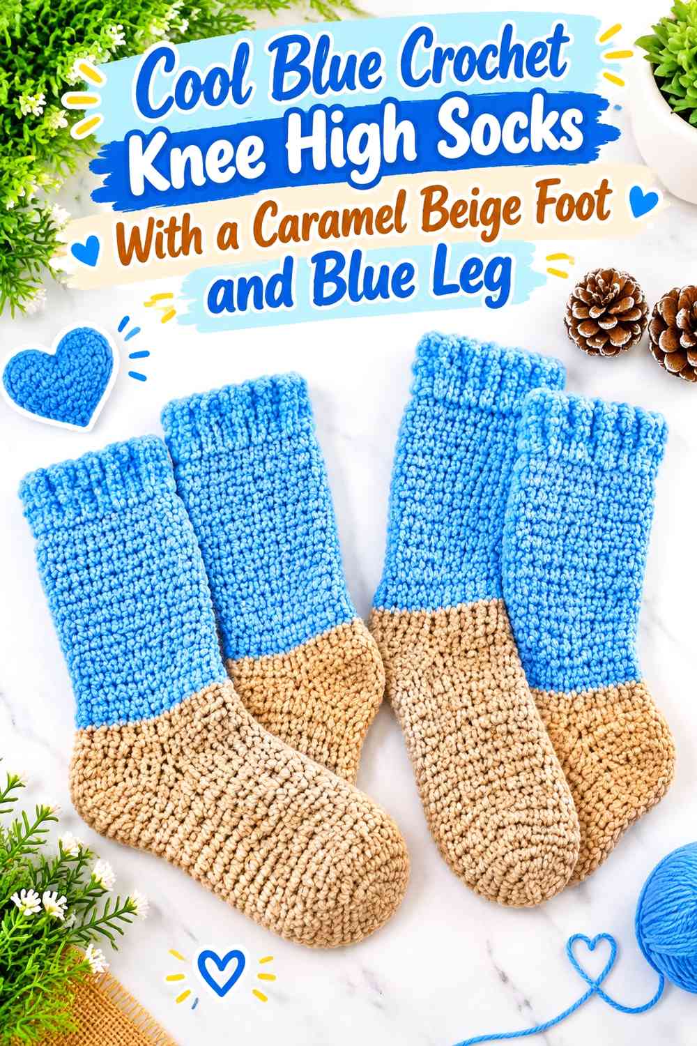 Cool Blue Crochet Knee High Socks With a Caramel Beige Foot and Blue Leg