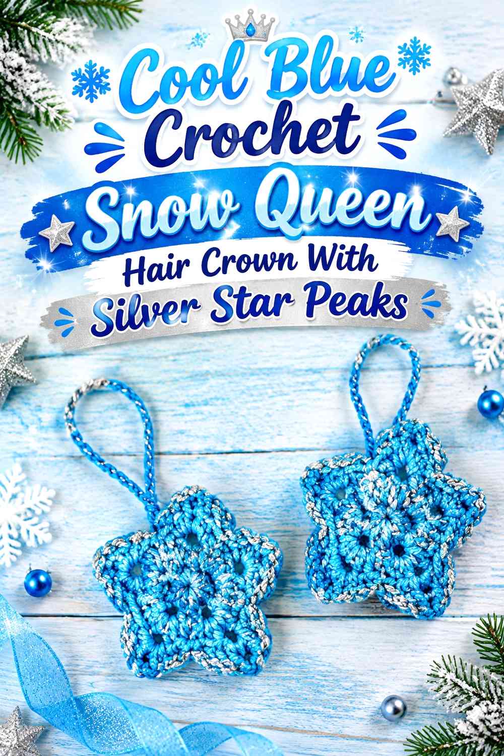 Cool Blue Crochet Snow Queen Hair Crown With Silver Star Peaks