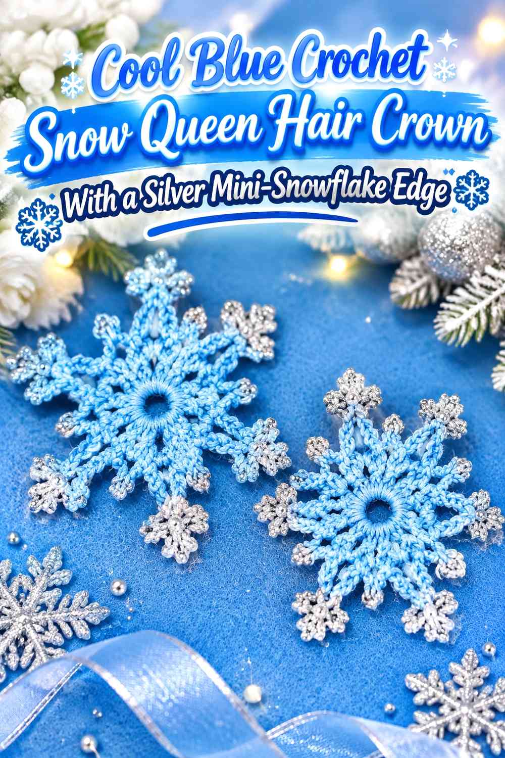 Cool Blue Crochet Snow Queen Hair Crown With a Silver Mini-Snowflake Edge