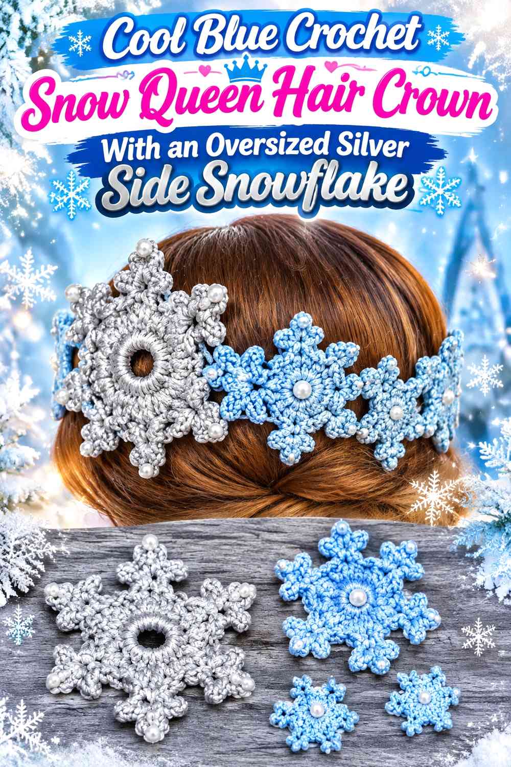 Cool Blue Crochet Snow Queen Hair Crown With an Oversized Silver Side Snowflake