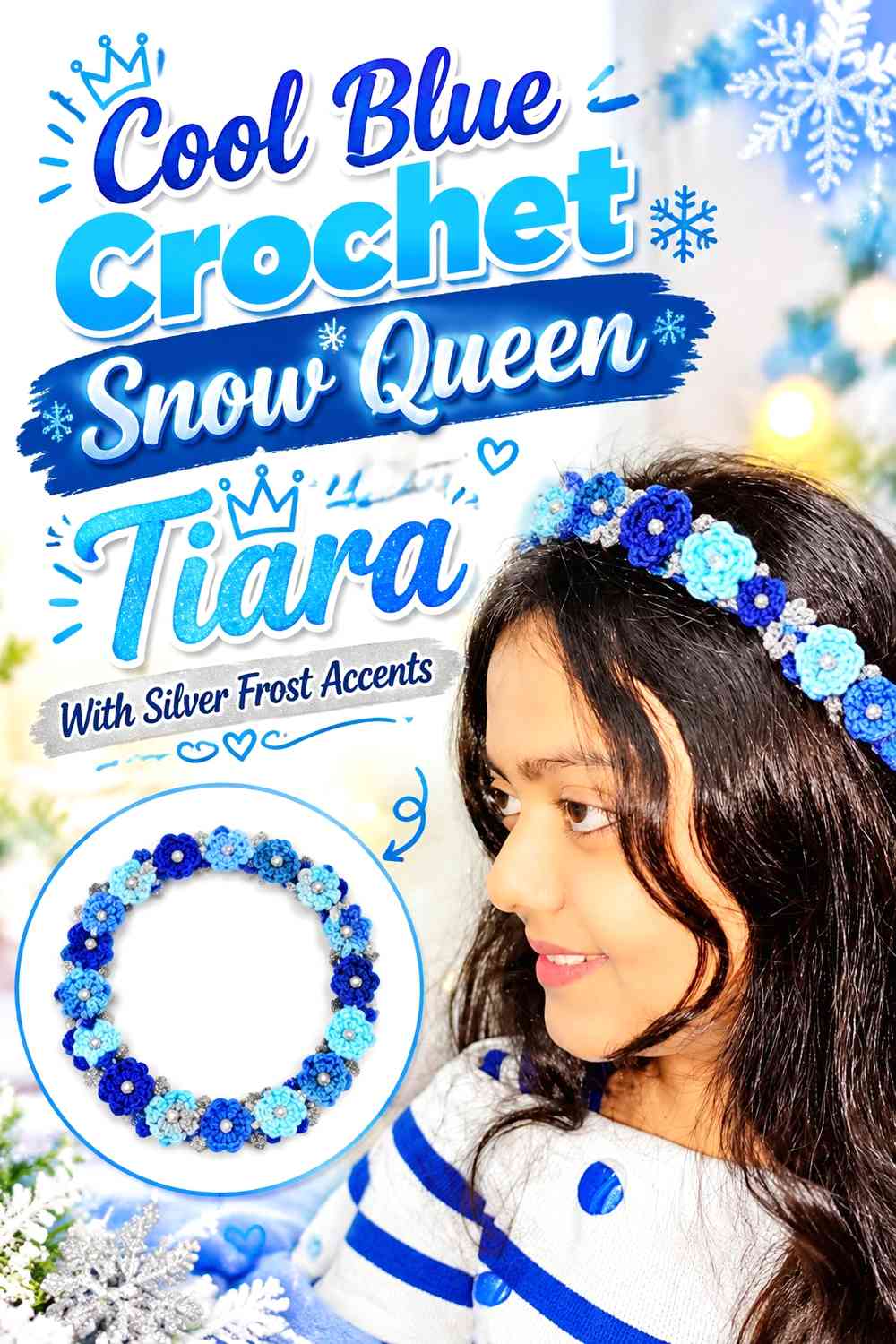 Cool Blue Crochet Snow Queen Tiara With Silver Frost Accents