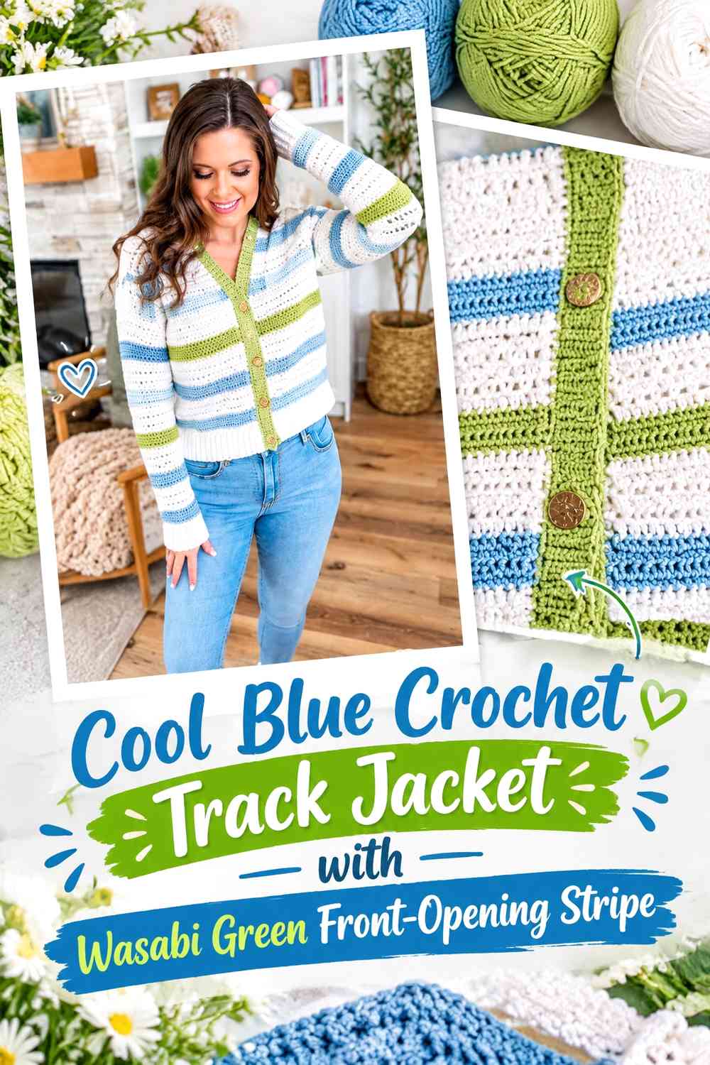 Cool Blue Crochet Track Jacket with Wasabi Green Front-Opening Stripe