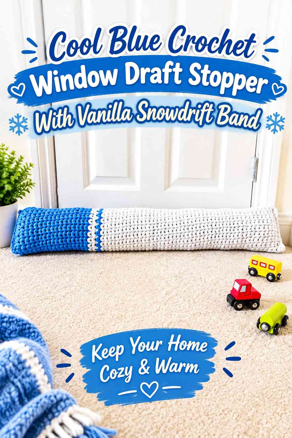 Cool Blue Crochet Window Draft Stopper With Vanilla Snowdrift Band