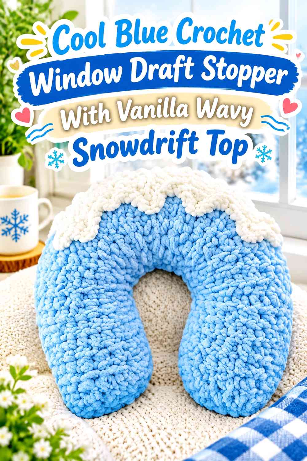 Cool Blue Crochet Window Draft Stopper With Vanilla Wavy Snowdrift Top